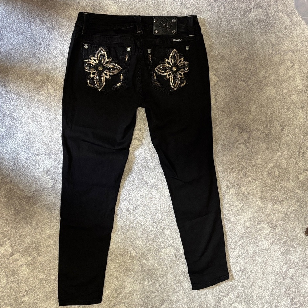 Miss Me Black Skinny Jeans with beautiful sequins and beading design along front
